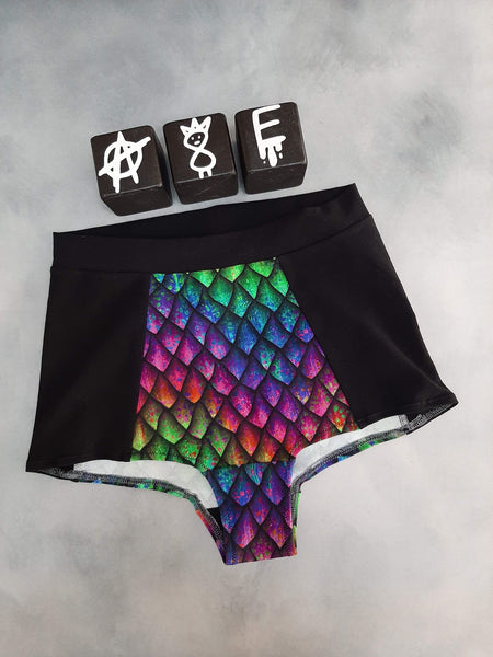 In Stock Rainbow Dragonscale High Waisted Retro Panelled Booty Shorts size S -- 355844981513