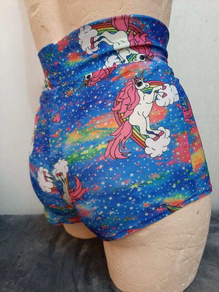 In Stock High Waist Lycra Hotpants - Rainbow Unicorns - S -- 296560231115