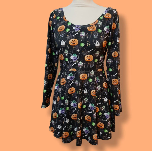 In Stock Long Sleeve Mini Skater Dress - S - Creepy Candy -- 355822171630