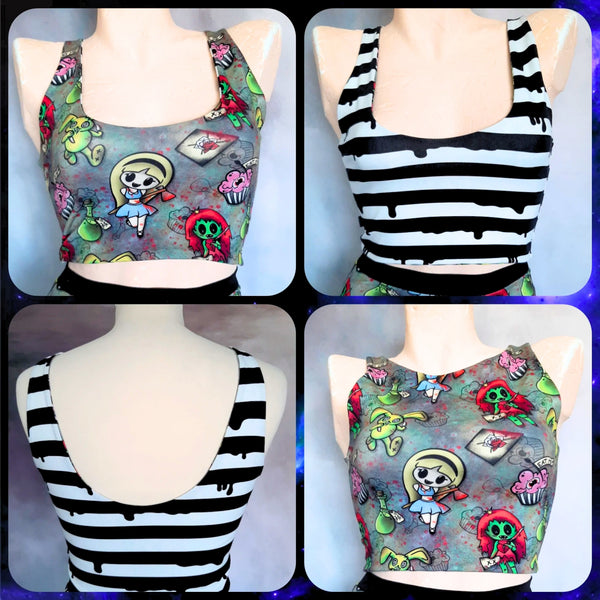 In Stock Reversible 4 Way Crop Top - Alice in Zombieland/Mono Stripe - S -- 4337498615