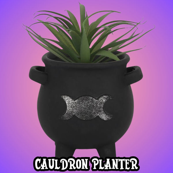 Triple Moon Goddess Black Terracotta Cauldron Planter