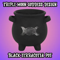 Triple Moon Goddess Black Terracotta Cauldron Planter